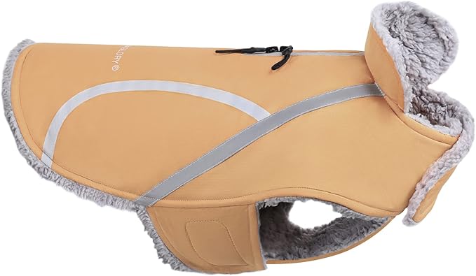 VIVAGLORY Frostfit Dog Coat, Dog Jacket for Winter & Cold Weather, Warm Fluffy Fleece Lined Water Resistant Reflective for Puppy, Coat with Velcro Fastening & Leash Hole, S, Khaki