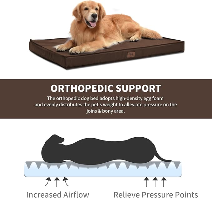 Outdoor All Weather Waterproof Dog Bed, Orthopedic Dog Bed for Extra Large Dogs, Egg Crate Foam Crate Pad with Washable Removable Oxford Cooling Cover, 47x29 Inch, Brown
