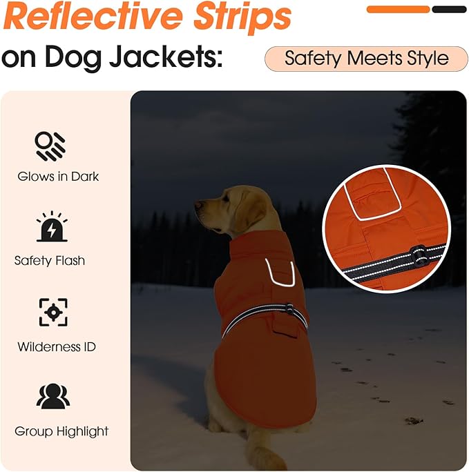 Medium Dog Coat, Warm Dog Winter Jacket, Waterproof Dogs Snowsuit With Foldable High Collar, Reflective Strips, Leash Hole, And Adjustable Hook & Loop Closure - Ideal For Cold Weather- Orange M
