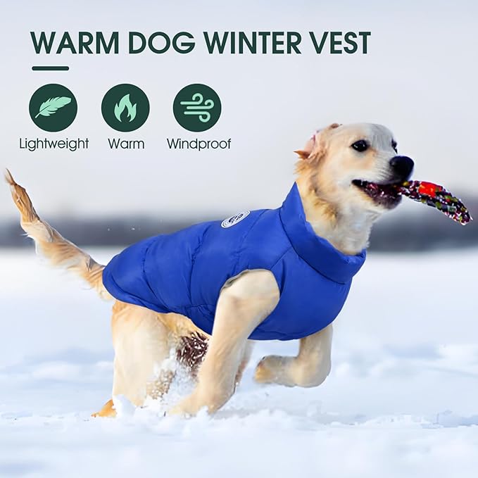 Kuoser Dog Coat Warm Dog Puffer Jacket, Windproof Dogs Padded Vest Lightweight Cold Weather Coats Pet Snowsuit Soft Puppy Winter Clothes for Extra Large Dogs, Button Design, Easy On/Off, Blue 2XL