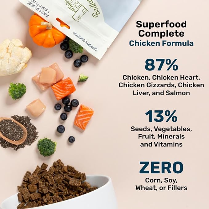 BADLANDS RANCH by Katherine Heigl- Superfood Complete, Air-Dried Adult Dog Food - High Protein, Zero Fillers, Superfood Nutrition (64 Ounce (Pack of 4), Chicken)