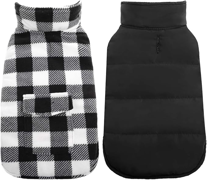 Kuoser Dog Winter Coat, Windproof Dog Fleece Jacket British Style Plaid Cold Weather Doggie Vest Coats, Reversible Cozy Warm Puppy Clothes Pet Apparel for Small Dogs S