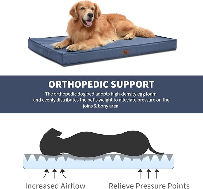 Outdoor Dog Bed for Small Dogs & Cats, Waterproof Dog Crate Mat Orthopedic Egg Crate Foam with Washable Removable Oxford Cover, Navy