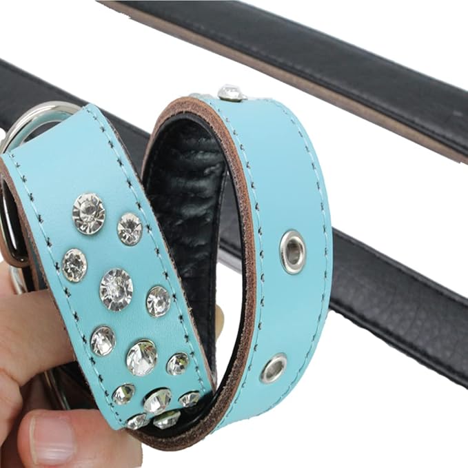 Rhinestones Dog Collar, Adjustable Sparkly Crystal Studded Genuine Leather Pet Dog Collar for Small and Medium Dogs (M, Blue)