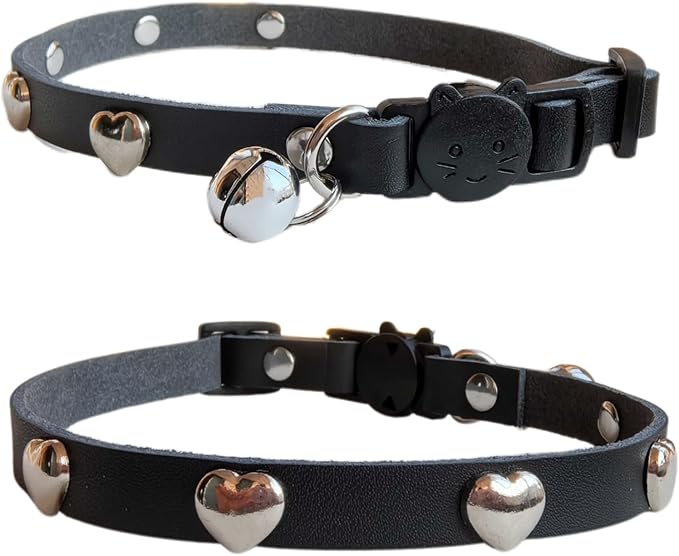 Spiked Cat Collar with Bells, Breakaway Genuine Leather Protective Collar for Kitty, Studs Spikes Punk Style, Heart Pattern, Adjustable for Girl Boy Kittens Small Bunny Rabbit, 8"-9.5" Black