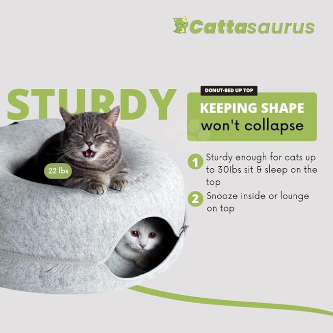 CATTASAURUS Peekaboo Cat Cave for Multiple & Large Cats Up to 30-45 Lbs, Scratch Detachable & Washable Tunnel Bed, Comfy Donut Cat Cave (Light Gray + Light Gray, Large)