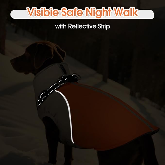 DENTRUN Dog Coat with Harness Built in, Outdoor Reflective Dog Jacket, Windproof Water-Repellent No Sleeves Coat for Large Golden Retriever, Orange, XL