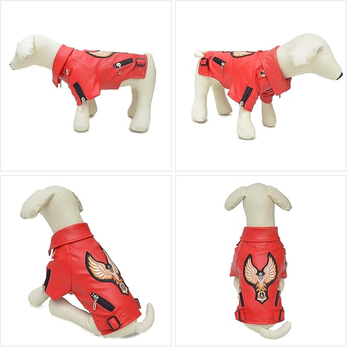 Lovelonglong Cool Dog Leather Jacket, Warm Coats Dogs Windproof Cold Weather Coats for Large Medium Small Dogs with Eagle Embroidery Red B-L