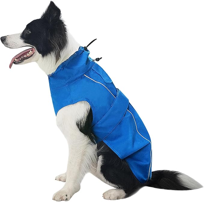 Waterproof Dog Raincoat, Adjustable Lightweight Dog Rain Jacket with Reflective Strip Leash Hole for Small Medium Large Dogs (Blue, Medium(13-22lb))
