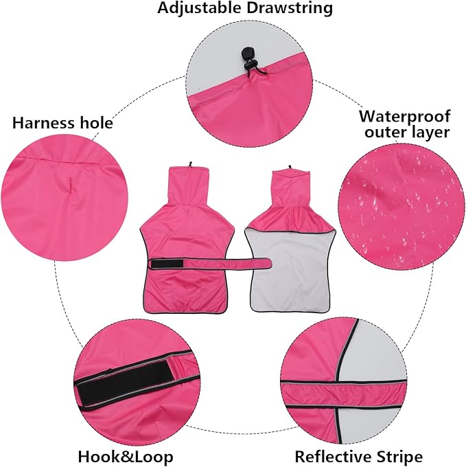 Dog Raincoat with Reflective Bar, Rain/Water Resistant, Adjustable Vest - Dog Raincoats for Greyhounds, Lurchers and Whippets - Pink - XL