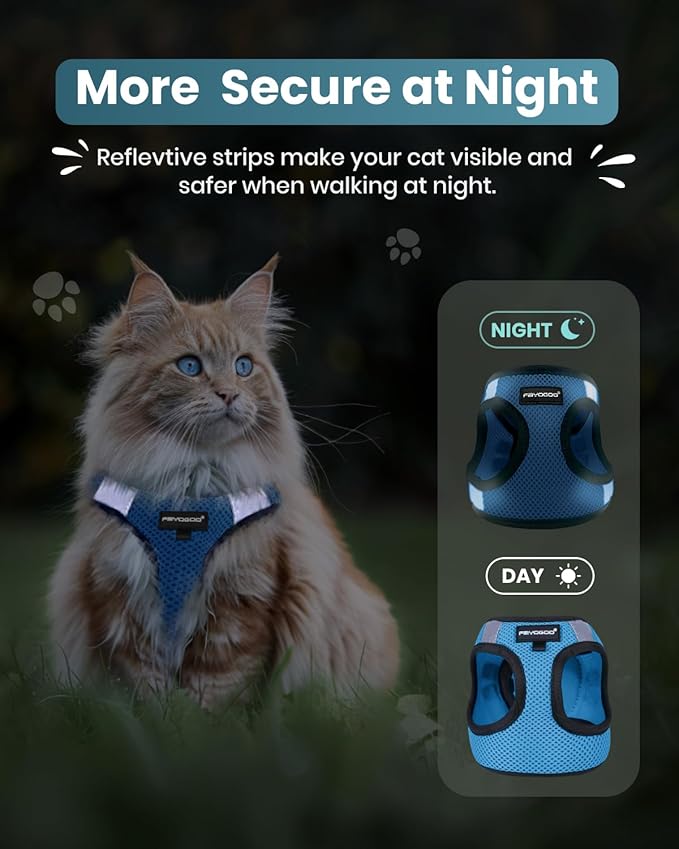 FAYOGOO Cat Harness and Leash Set | Upgrade Step-in Escape Proof Harness | Lightweight Soft Vest, No-Choke Design for Walking, Travel, Camping (Tranquil Teal)