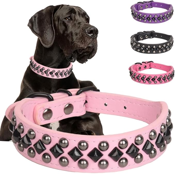 Serijoars Spiked Studded PU Leather Dog Collar for Small, Medium, Large Breeds, Pit Bull, Bully, Husky, Terrier, Adjustable (Pink, XXL (50-57CM))