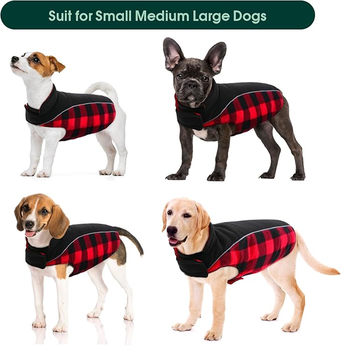 Kuoser Dog Winter Coat, Reversible Waterproof Dog Jacket with Reflective Strip, Warm Dogs Fleece Vest Adjustable Doggy Cold Weather Clothes Plaid Christmas Outfit Pet Apparel for Small Dogs, Red S