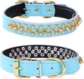 Adjustable Genuine Leather Spiked Studded Dog Collars for Small Medium Large Pets Like Pit Bull Bulldog Pugs Husky (L, Light Blue2)