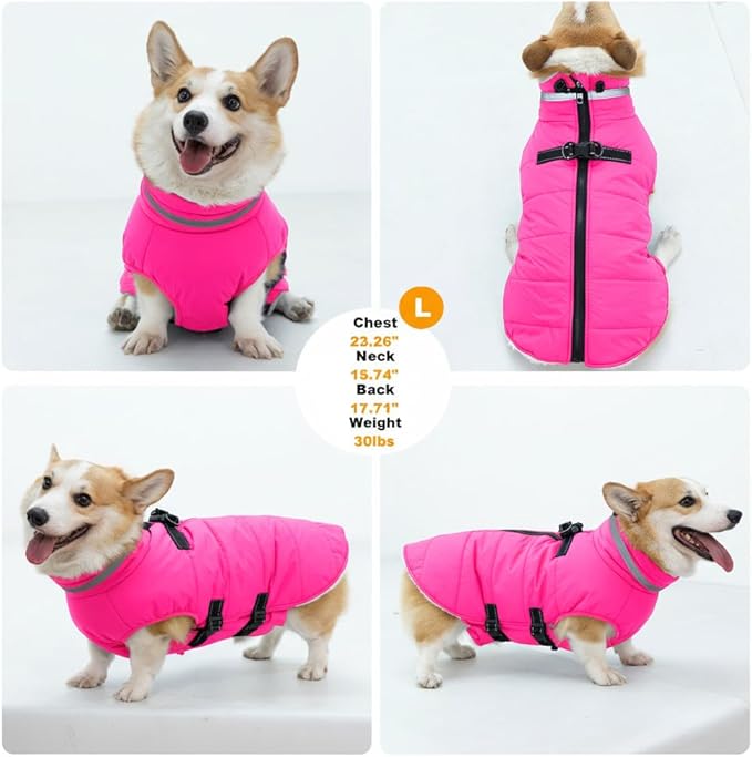 Small Dog Coat with Harness Built-in, Waterproof Reflective Fleece Lined - Warm Windproof Winter Jacket with Back Zipper, Cold Weather Snow Dog Coats - Pink - S