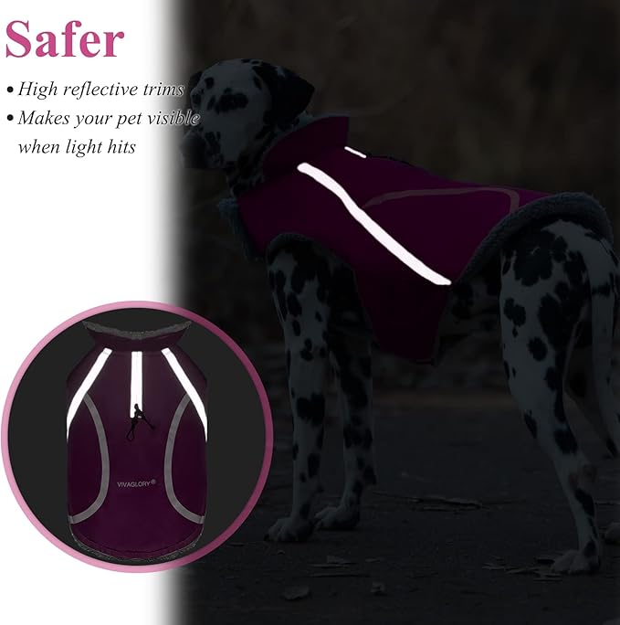 VIVAGLORY Frostfit Dog Coat, Dog Jacket for Winter & Cold Weather, Warm Fluffy Fleece Lined Water Resistant Reflective for Puppy, Coat with Velcro Fastening & Leash Hole, L, Fuchsia