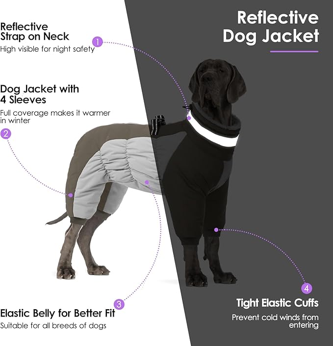 SUNFURA Full Body Dog Coat - Warm Fleece Jacket for Large Dogs, Turtleneck Winter Coats with Harness, Reflective Dog Snowsuit Windproof Puffer Jackets with Legs for Weimaraner, Army Green XL