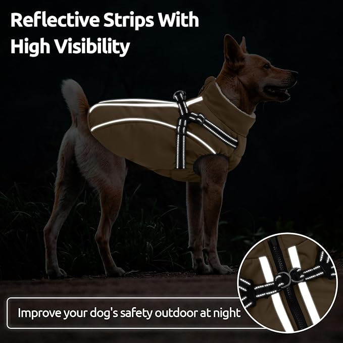 Dog Winter Coat with Harness Built in Warm Puffer Dog Jackets for Small Medium Large Dogs Windproof Waterproof Outfit with Plush Lining and Reflective Stripes (Brown, S)