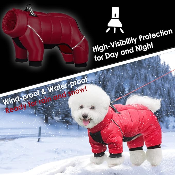 AOFITEE Dog Coat, Waterproof Dog Jacket for Winter, Warm Fullbody Dogs Snowsuit, Winter Coat for Small Dogs, Zip Up Pet Puffer Jacket Fleece Vest, Outdoor Reflective Pet Coats, Christmas Red, Medium