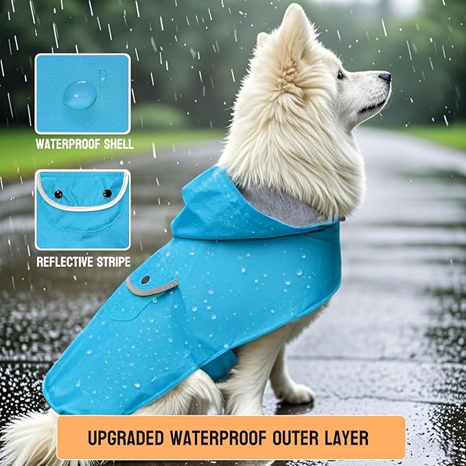 Dog Raincoat Dogs Rain Jacket Reflective Poncho Rainwear Waterproof Pet Clothes Warm Lined Pocket Hooded Leash Hole Adjustable Medium Dogs,Blue,XXXL,Back Length 20.0 Inch