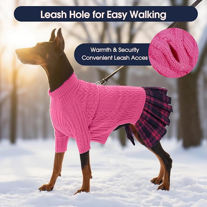 IECOii Girl Dog Sweater Dress, Great Dane Sweaters for Girl Dogs, Pink, 5XL, Extra Large Dog Sweater for Female Dogs Pet Winter Dress for Giant Breeds - Xmas Turtleneck Knitwear for Cold Weather