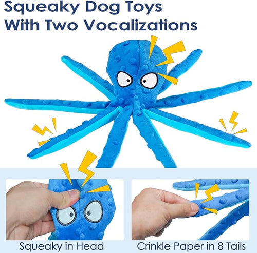4 Pack Squeaky Dog Toys - Octopus Plush Dog Toys for Aggressive Chewers, No Stuffing, Crinkle, Durable Interactive, 4 Colors