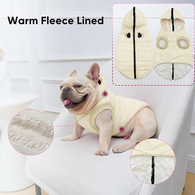 Fleece Lining Dog Hoodie with Harness Built in,Extra Warm Medium Dog Jacket in Winter Doggie Coats with Hooded,Light Yellow XL