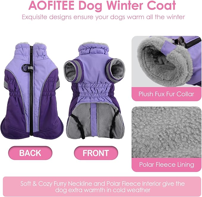 AOFITEE Dog Coat- Two Legged Large Dog Winter Jacket - Zipper Dogs Cold Weather Coat with Harness, Warm Pet Puffer Jackets Reflective Pet Snow Coats for French Bulldog, Boston Terrier, Purple L