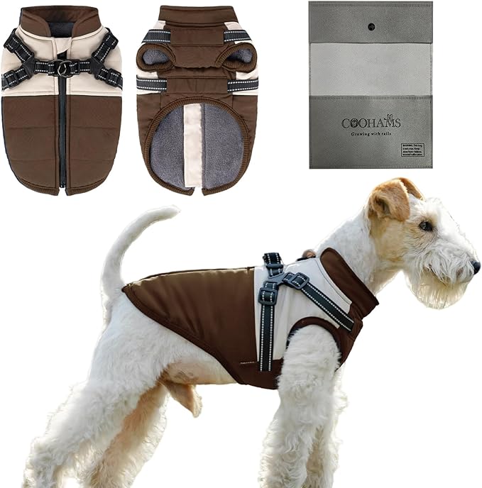 Dog Winter Coat for Small & Medium Dogs (Up to 31lb), Waterproof Dog Coat with Harness, Puppies Windproof Puppy Puffer Jacket, Snowsuit for Dachshund,Frenchie, Corgi (Classic Brown, XLarge)
