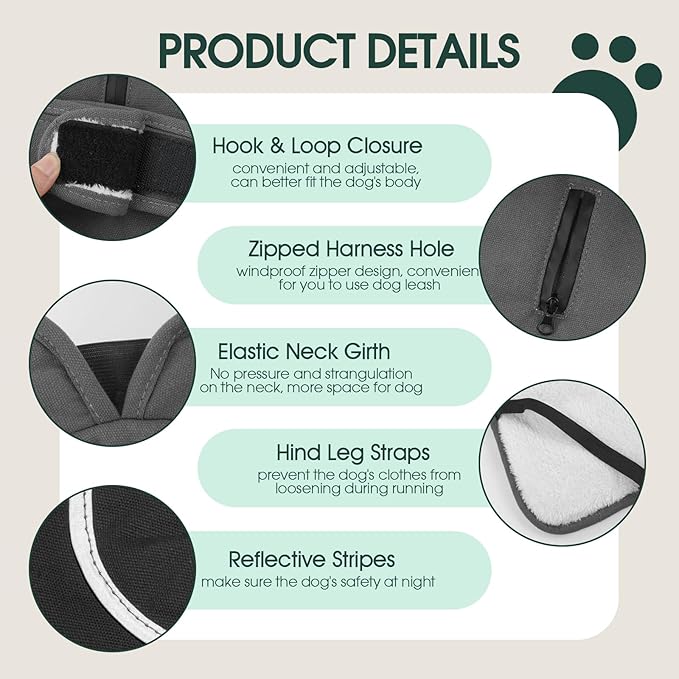Kuoser Canvas Dog Coat, Warm Dog Jacket Reflective Fleece Pet Cold Weather Coat, Warm Doggie Clothes Waterproof Winter Vest with Zipper Leash Hole for Small Medium Large Dogs, Grey 3XL