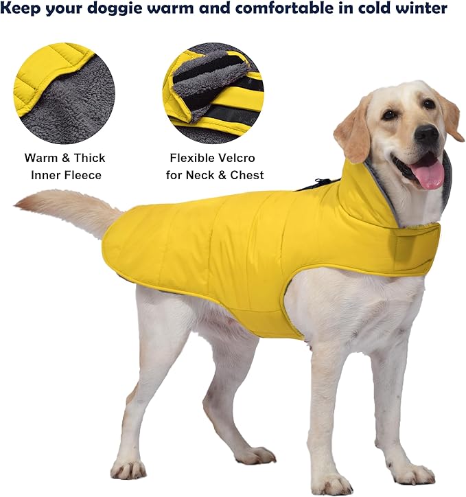 Dog Winter Coat, Waterproof Dog Jacket with Leash Hole, Reflective Adjustable Pet Snow Vest, Warm Fleece Sweater for Small Medium Large Dogs - Yellow, 2XL