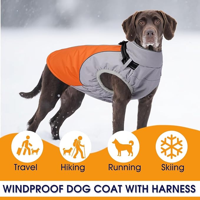 Dog Coat Waterproof,Warm Dog Winter Jacket with Harness Built in Windproof Snow Jakcet with Fleece Lining Reflective Thermal Cold Weather Coats for Large Dogs,Windproof Pet Snowsuit,Orange,L
