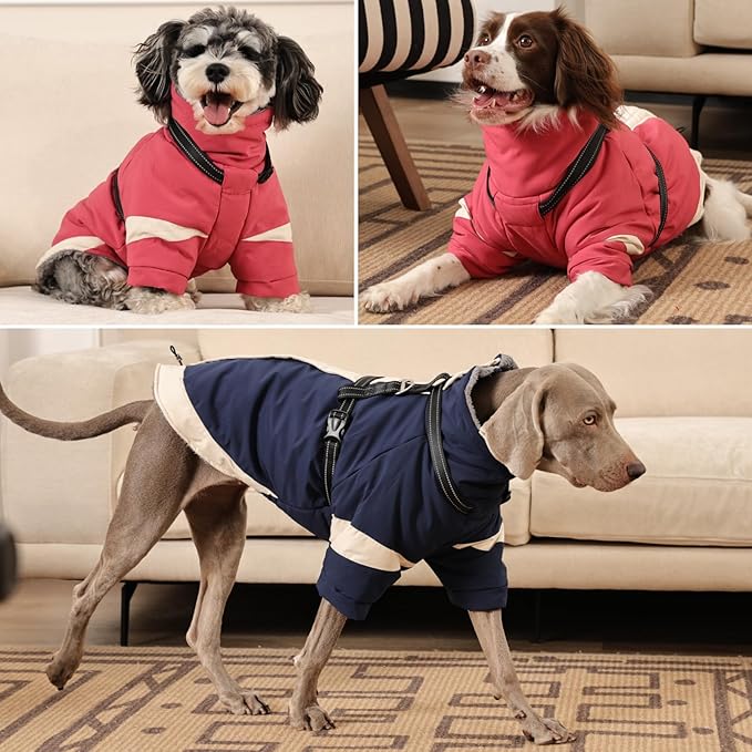 MIGOHI Dog Coat with Harness Built in, 2-in-1 Water-Resistant Dog Jacket, Reflective Snowsuit for Large Dogs, Fleece Lined with Turtleneck, Adjustable Buckle Coats, Border Collies, Navy Blue, XL