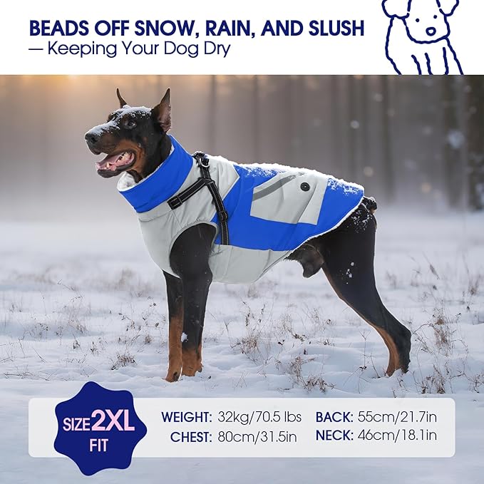 FUAMEY Dog Winter Jackets for Large Dogs,Dog Coat with Harness Built in,Waterproof Dogs Snowsuits Warm Pet Jacket Zip Up Fleece Cold Weather Coats Reflective Puppy Vest with Pocket Blue L