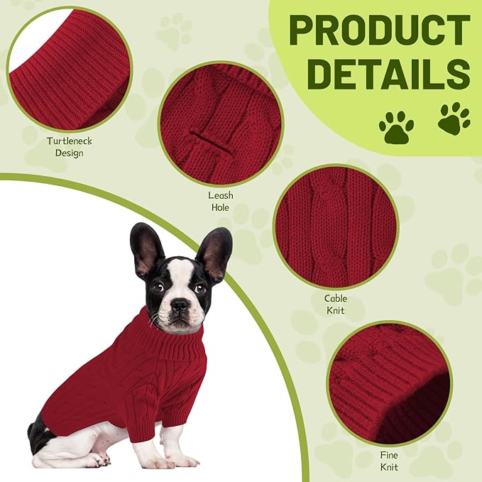 Small Dog Thermal Pullover Sweater, Classic Turtleneck Cable Knitwear Dog Clothes for Cold Weather Warm Pet Clothes for Chihuahua, Bulldog, Dachshund, Pug Red Large