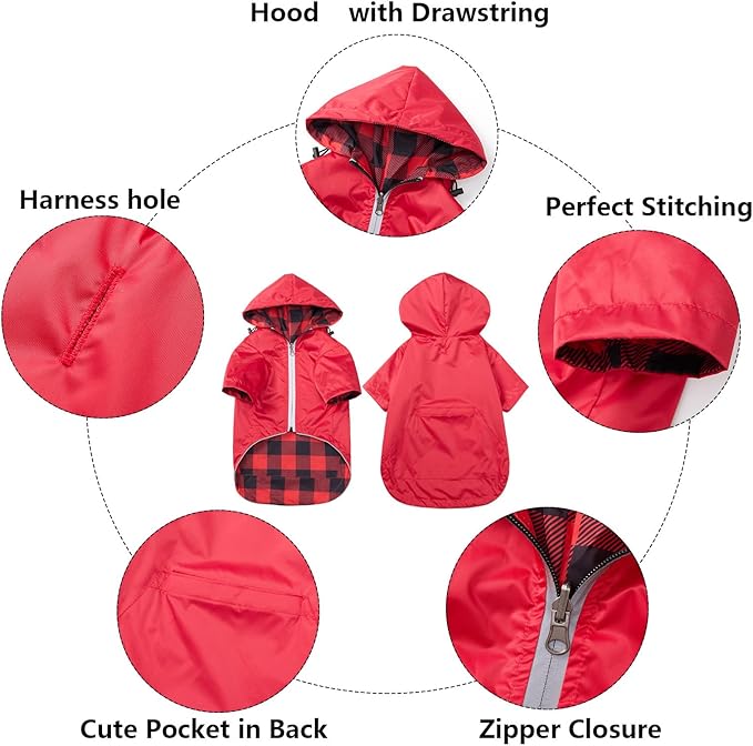 Dog Raincoat Dogs Waterproof Reversible rain Jacket Dog Small Medium Breeds Reflective Zipper Storage Pocket Harness Hole - Red - L