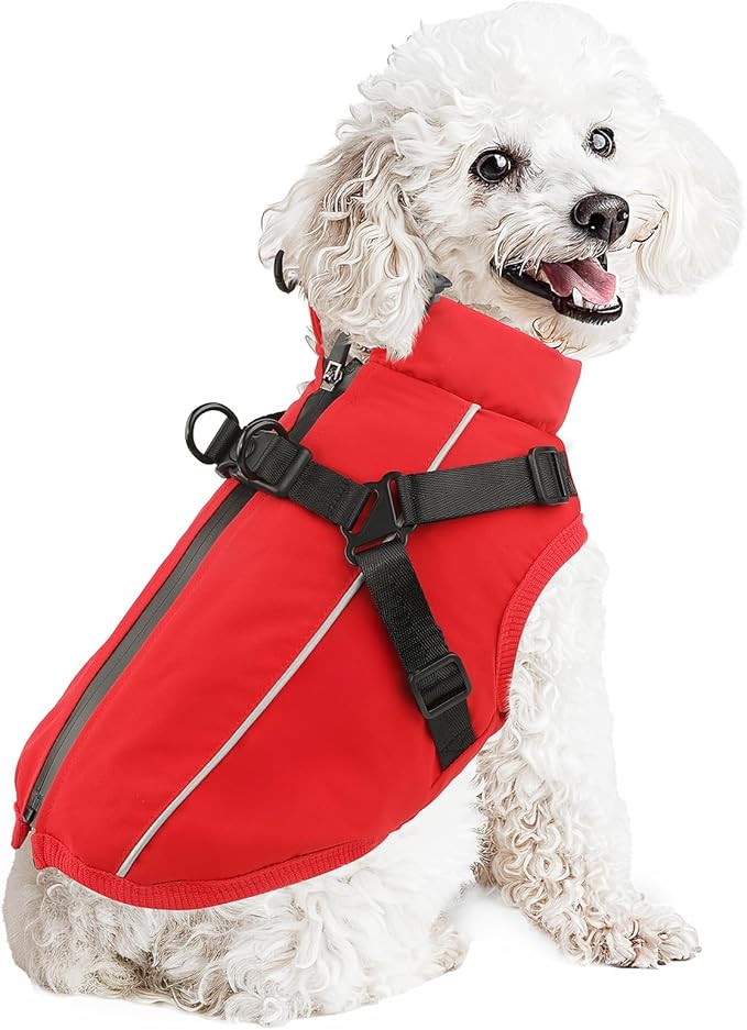 Dog Winter Coat Reflective Water-Resistant Jacket, Fleece Lined Windproof Puppy Coat with Back Zipper & D-Ring, Cold Weather Dog Coats for Small Medium Large Dogs (L, Red)
