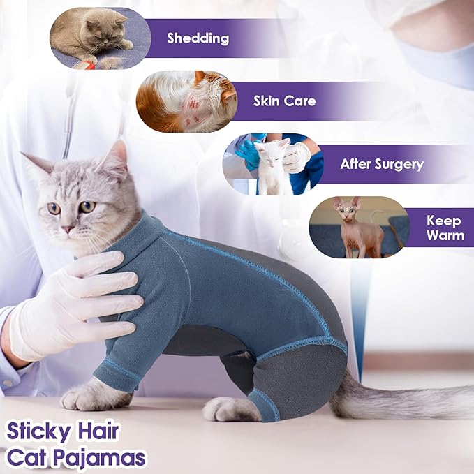 SUNFURA Hair Sticky Cat Clothes, Cat Sweater for Cats Only, 4-Legged Fleece Sweaters Kitten Pajamas Reduce Shedding Fur, Warm Pullover Shirts for Cats, Blue L
