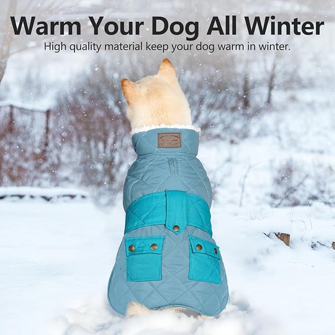 KYEESE Dog Coat Windproof Dog Coats for Small Dogs Waterproof Dogs Jacket with Fleece Lined Thick Cat Clothes with Pocket Warm Pet Winter Puffer Coat with Leash Hole Soft Pet Sweater for Cold Weather