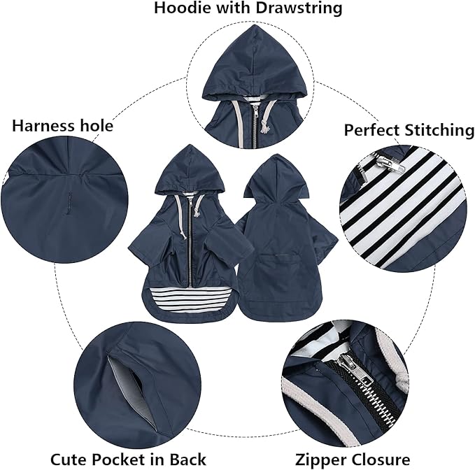 Dog Raincoat rain Jacket Raincoat Dogs Waterproof Small Medium Breeds Zip Closure Storage Pocket Harness Hole Blue XL