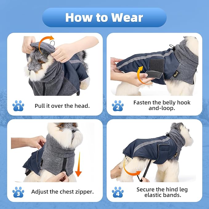 SlowTon Winter Dog Coat, Warm Polar Fleece Lining Doggie Outdoor Jacket with Turtleneck Scarf Reflective Stripe Adjustable Waterproof Windproof Puppy Vest Soft Pet Outfits (M+,Dark Blue)