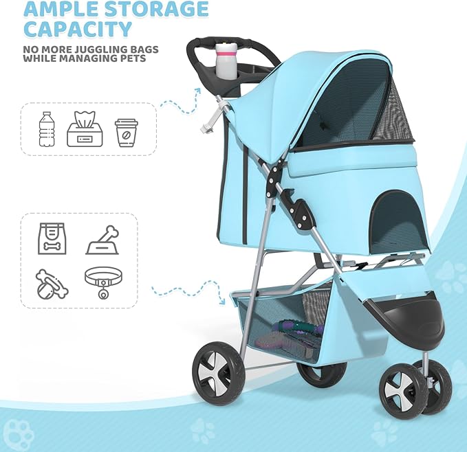 Magshion 3-Wheel Pet Stroller, Foldable Travel Jogger for Small & Medium Dogs & Cats (Up to 33lbs), Lightweight Carrier with Breathable Mesh Cover, Cup Holder & Storage Basket, Mint Green