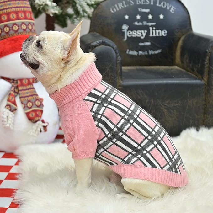 SCENEREAL Turtleneck Dog Sweater for Small Medium Large Dogs Girls Boys, Christmas Plaid Pullover Puppy Sweatershirt, Dogs Cold Weather Outfit Clothes, Ideal Gift for Pet in New Year, Pink Plaid SM