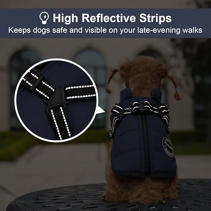 Warm Winter Coat - Fashion Sports Dog Jacket with Built-in Harness, Reflective & Adjustable Comfortable Pet Vest, Waterproof Windproof Apparel for Small Dogs (Navy)