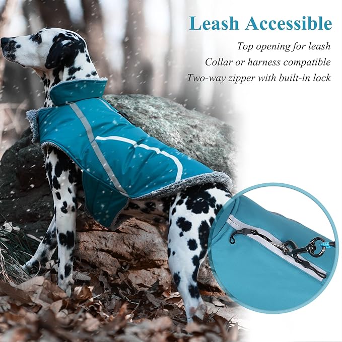 VIVAGLORY Frostfit Dog Coat, Dog Jacket for Winter & Cold Weather, Warm Fluffy Fleece Lined Water Resistant Reflective for Puppy, Coat with Velcro Fastening & Leash Hole, M, Turquoise
