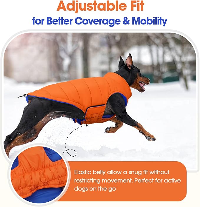 QBLEEV Reversible Dog Winter Coat, Waterproof Windproof Warm Jacket with Adjustable Hook & Loop Design, Lightweight Puffer Vest for Medium Dogs, Orange, M – Fits Pug, Beagle, Corgi