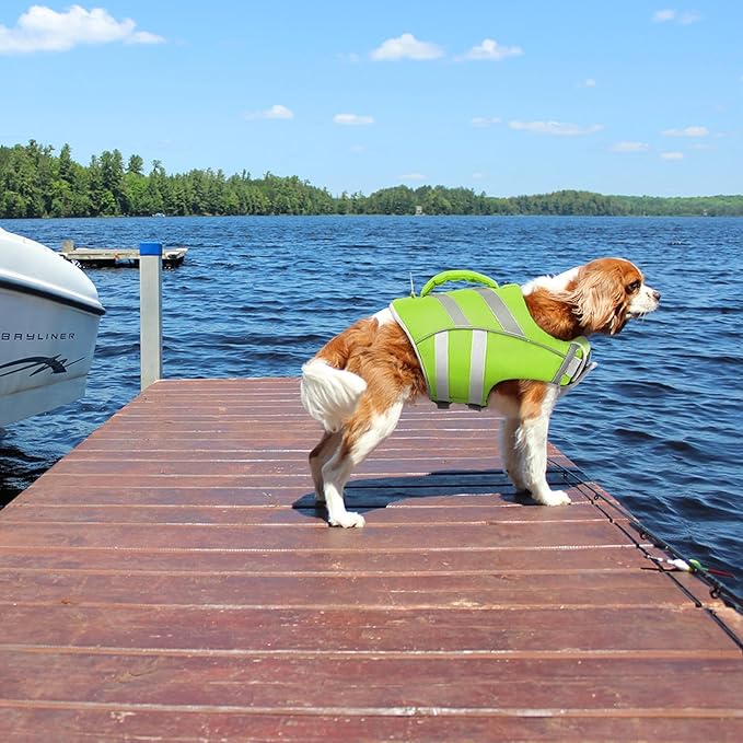 Kuoser Dog Life Jacket XL, Large Vest for Swimming Boating, Reflective Water Vest with High Flotation for Large Dogs, Green