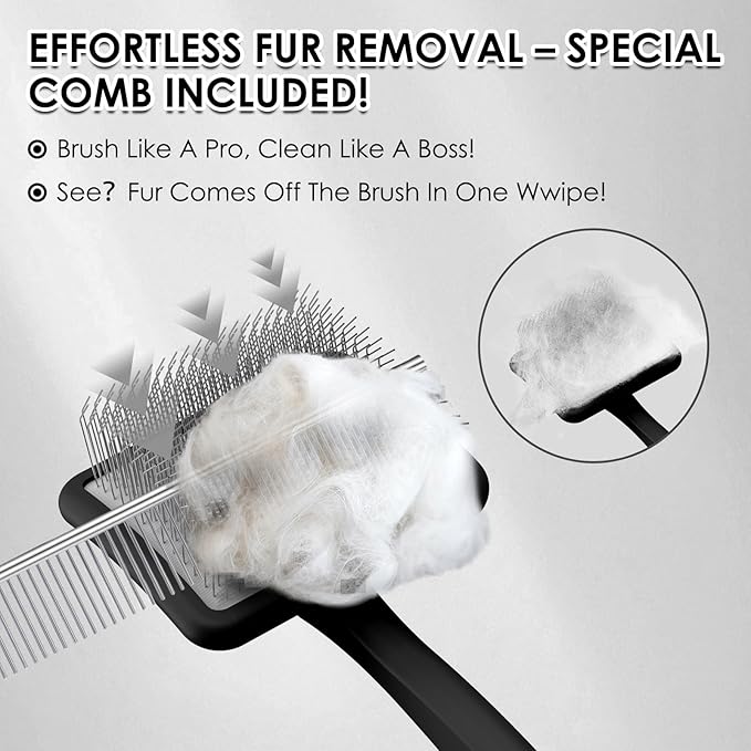 Large Dog Slicker Brush & Comb Set with Leather Sleeves - Long Pin Deshedding Brush for Golden Retrievers, Poodles, Doodles & Thick Coats, Wood Handle Pet Grooming Kit for Dogs, Cats. Black
