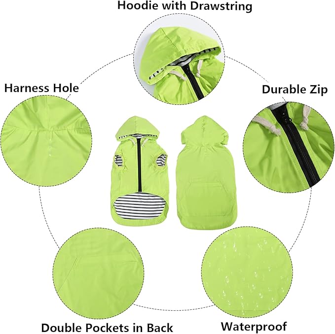 Dog Raincoat rain Jacket Dogs Waterproof fit for Small Medium Breeds Zipper Closure Pocket Storage in Cold Day - Light Green - S