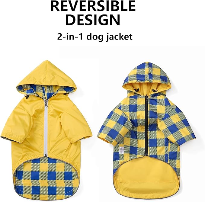 Dog Raincoat Dogs Waterproof Reversible rain Jacket Dog Small Medium Breeds Reflective Zipper Storage Pocket Harness Hole - Yellow - XXL